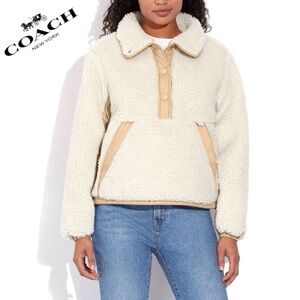 NWT‎ COACH Sherpa Jacket Stand-Up Collar Pull Over In Recycled Polyester Cream